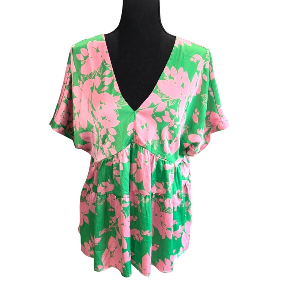 ENTRO Pink Green Floral Satin Tiered Babydoll Blouse Tassel Tie Back L Boho